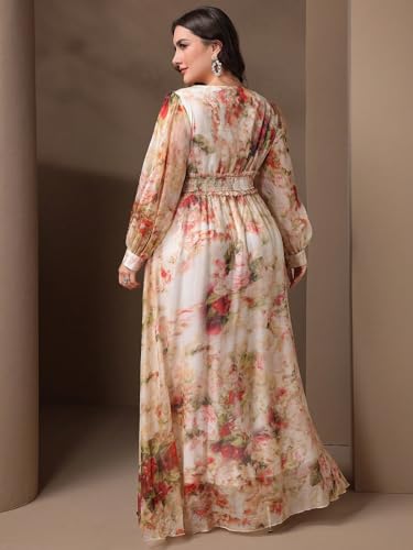 Spring Summer 2024 Plus Size Womens Dresses V Neck Casual Elegant Long Sleeve Floral Print Formal Maxi Dress