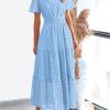 Womens 2025 Summer Maxi Dress Short Sleeve V Neck Hollow Out Eyelet A Line Long Flowy Beach Vacation Dresses