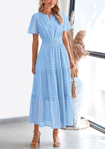 Womens 2025 Summer Maxi Dress Short Sleeve V Neck Hollow Out Eyelet A Line Long Flowy Beach Vacation Dresses