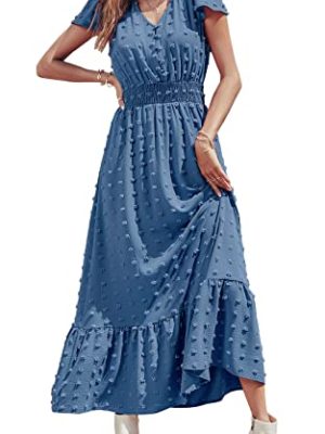 Womens Dresses 2025 Summer Maxi Dress Boho Short Sleeve V Neck Swiss Dot Ruffle Tiered Smocked Flowy Long Dress