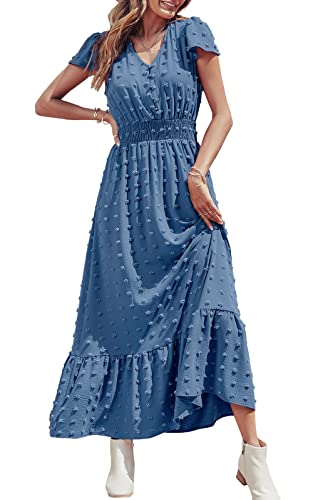 Womens Dresses 2025 Summer Maxi Dress Boho Short Sleeve V Neck Swiss Dot Ruffle Tiered Smocked Flowy Long Dress