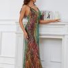 Women's V Neck Spaghetti Straps Sequin Sparkly Glitter Irregular Hem Prom Dress Bcakless Maxi Evening Gowns