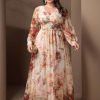 Spring Summer 2024 Plus Size Womens Dresses V Neck Casual Elegant Long Sleeve Floral Print Formal Maxi Dress