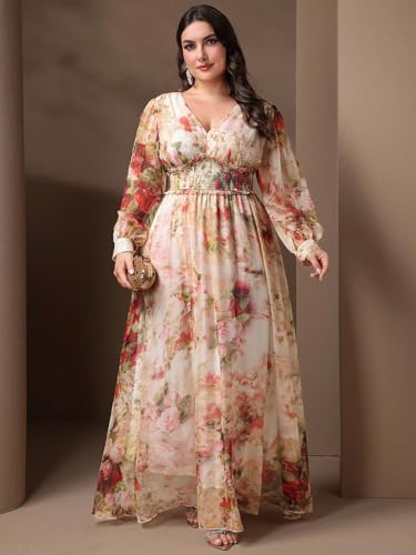 Spring Summer 2024 Plus Size Womens Dresses V Neck Casual Elegant Long Sleeve Floral Print Formal Maxi Dress