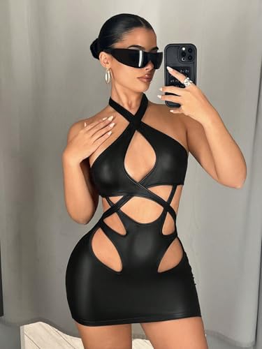 Women's Mini Sexy Dress 2025 Summer Sleeveless Neckline Hollow-Out Tight-Fitting Dress