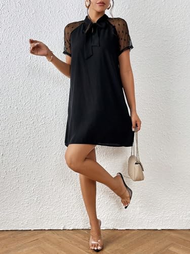 Women's Boho 2025 Summer Mini Dress, Contrast Mesh Raglan Sleeve Tie Neck Tunic Dress