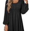 Womens 2025 Casual Dresses Smocked Crewneck Button Up Long Sleeve Empire Waist A-Line Mini Dress