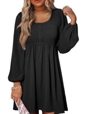 Womens 2025 Casual Dresses Smocked Crewneck Button Up Long Sleeve Empire Waist A-Line Mini Dress