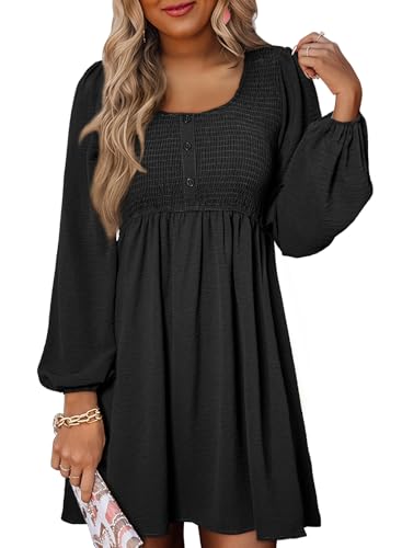Womens 2025 Casual Dresses Smocked Crewneck Button Up Long Sleeve Empire Waist A-Line Mini Dress
