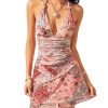 Women's Floral Print Sleeveless Halter Deep V Tie Mini Dress Ruched Backless Slim Fit Cami Dresses Knot Boho Dress