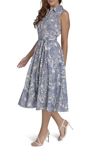 Women's Sleeveless Collared Button Front Tie Waist Midi Shirt Dress