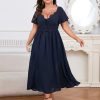Women's Plus Size Lace Maxi Dress Short Sleeve V Neck Flowy Empire Waist Smocked Back Wedding Guest Dress