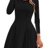 Long Sleeve Mini Dress for Women 2025 Fall Crewneck Knit Pleated Babydoll A Line Soft Casual Short Party Dresses