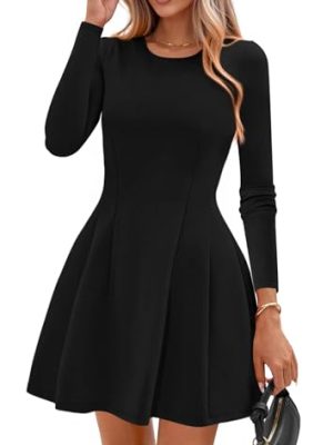Long Sleeve Mini Dress for Women 2025 Fall Crewneck Knit Pleated Babydoll A Line Soft Casual Short Party Dresses