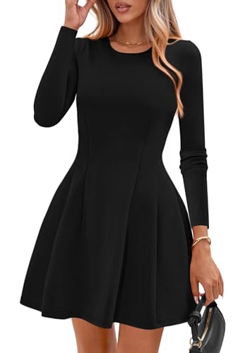 Long Sleeve Mini Dress for Women 2025 Fall Crewneck Knit Pleated Babydoll A Line Soft Casual Short Party Dresses