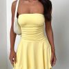 Women Sexy Tube Top Silk Dress Strapless Ruched Waist Ruffle Tiered Layer Mini Dress Party Short Dresses
