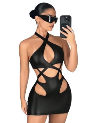 Women's Mini Sexy Dress 2025 Summer Sleeveless Neckline Hollow-Out Tight-Fitting Dress