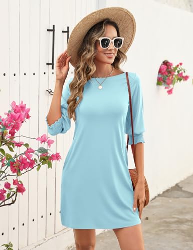 Womens Summer Mini Dresses Boatneck 3/4 Puff Sleeve Floral T Shirt Dress with Pockets Boho Dresses Fashion Trendy 2025