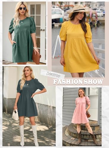 Womens Summer Crewneck Puff Sleeve Babydoll Elegant Empire Waist Mini Swing Skater Dresses with Pockets