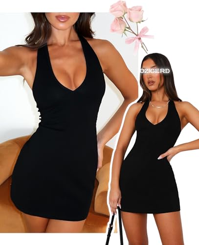 Bodycon Halter Mini Dresses for Women Going Out Club Dress Backless V Neck Summer Short Dress Cocktail Party Dresses