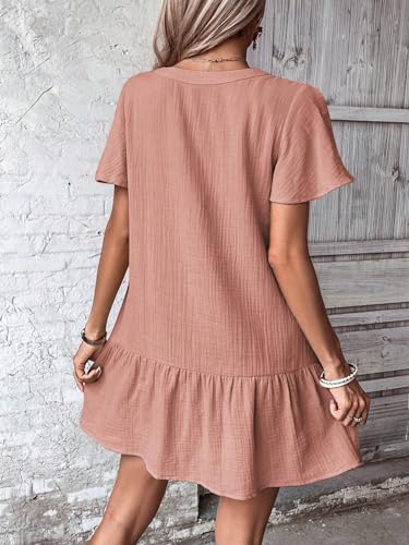 Women's Boho 2025 Summer Mini Dress, Solid Color V-Neck Single-Breasted Dress
