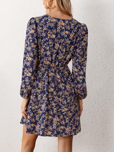 Women Floral Ruffle Summer Dress Surplice V Neck Long Peasant Sleeve Elastic Waist Flowy Casual Holiday Mini Dress
