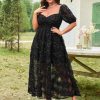 Women's 2025 Plus Cocktail Formal Guest Dresse 3D Lace Sweetheart Neckline Puff Sleeve A Line Maxi Dresses
