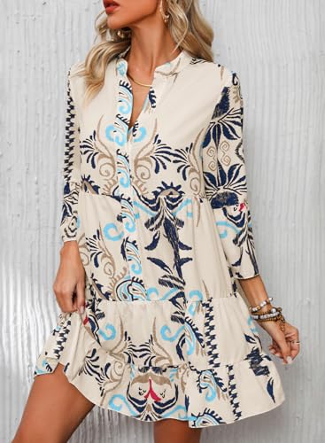 Summer Dresses for Women 2025 Flowy Ruffle 3/4 Sleeve V Neck Tiered Casual Babydoll Boho Beach Mini Dress