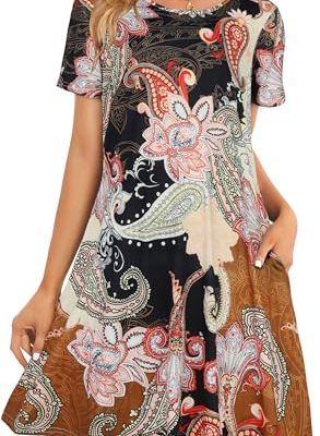 Womens Summer Dresses Beach Casual Loose Tshirt Floral Short Sleeve Flowy Pockets Sundresses