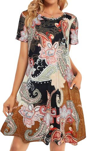 Womens Summer Dresses Beach Casual Loose Tshirt Floral Short Sleeve Flowy Pockets Sundresses