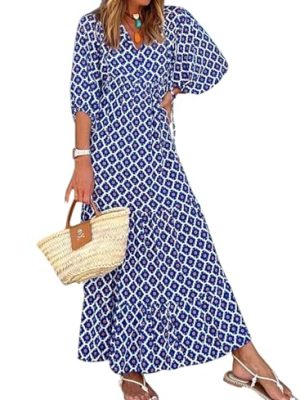Womens Loose Fit Casual Summer V Neck Half Sleeve Bohemian Geometric Pattern Maxi Long Dresses