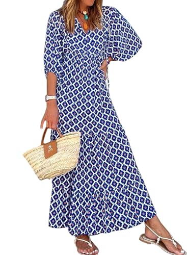 Womens Loose Fit Casual Summer V Neck Half Sleeve Bohemian Geometric Pattern Maxi Long Dresses