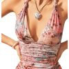 Women's Floral Print Sleeveless Halter Deep V Tie Mini Dress Ruched Backless Slim Fit Cami Dresses Knot Boho Dress