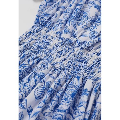 Women Short Bubble Sleeves Cotton Maxi Dress Flower Printed V Neck Elastic Waist Casual Red Long Summer Dresses