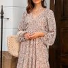Fall Dresses for Women 2025 Boho Floral V Neck Long Sleeve Smocked Elastic Waist Casual A-Line Mini Dress Sundress