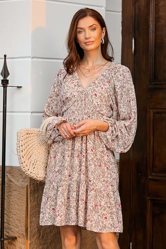 Fall Dresses for Women 2025 Boho Floral V Neck Long Sleeve Smocked Elastic Waist Casual A-Line Mini Dress Sundress