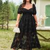 Women's 2025 Plus Cocktail Formal Guest Dresse 3D Lace Sweetheart Neckline Puff Sleeve A Line Maxi Dresses