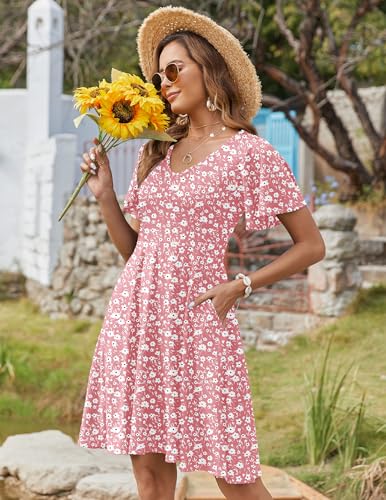 Womens Summer Dress Casual Swing Floral Ruffle Short Sleeve Sundresses Beach Mini A-line Shift Dress 2025 with Pockets