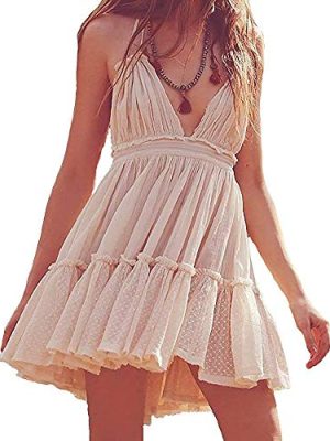 Summer Deep V Neck Bohemian Women Mini Short Dress Backless Beach Boho Dress