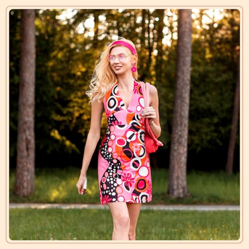 4 Pcs 60s 70s Hippie Costume Women Retro Disco Outfit Groovy Dress Headband Earring Party Sunglasses for Halloween
