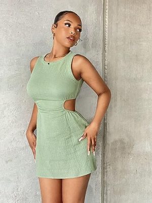 Women's Dress Cut Out Waist Mini Dress - Sexy Sleeveless Fitted Bodycon Dress with Cut Out Details and Zipper Dress IPADSA
