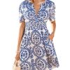 Womens Summer Dresses 2025 V Neck Short Sleeve Flowy A-line Beach Vacation Dress with Pockets