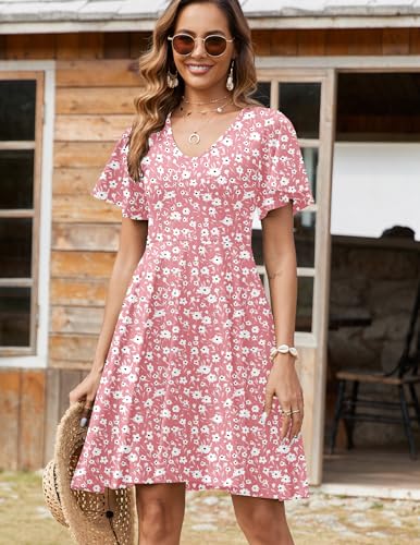 Womens Summer Dress Casual Swing Floral Ruffle Short Sleeve Sundresses Beach Mini A-line Shift Dress 2025 with Pockets
