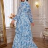 Summer Casual Dresses for Women 2024 Spring Fashion Boho V Neck Long Sleeve Ruffle Floral Print Elegant Maxi Dress