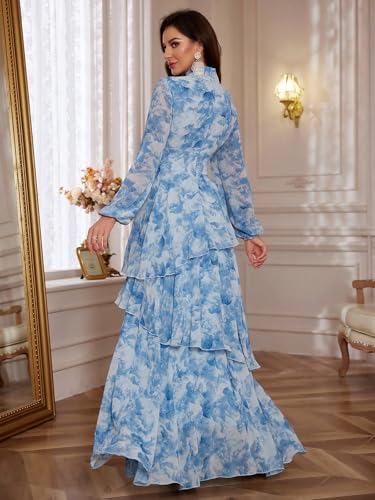 Summer Casual Dresses for Women 2024 Spring Fashion Boho V Neck Long Sleeve Ruffle Floral Print Elegant Maxi Dress