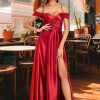 Off Shoulder Satin Bridesmaid Dresses Spaghetti Strap Long Ruched A Line Formal Prom Dress with Slit 006