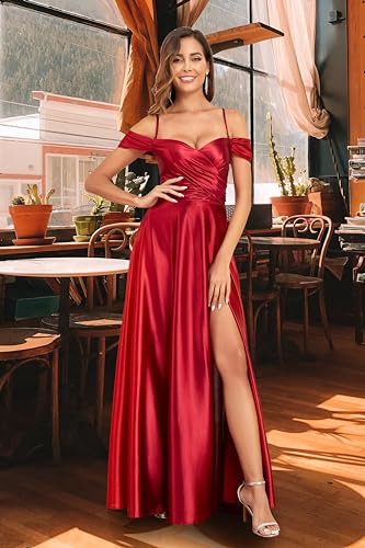 Off Shoulder Satin Bridesmaid Dresses Spaghetti Strap Long Ruched A Line Formal Prom Dress with Slit 006