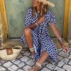 Womens Loose Fit Casual Summer V Neck Half Sleeve Bohemian Geometric Pattern Maxi Long Dresses