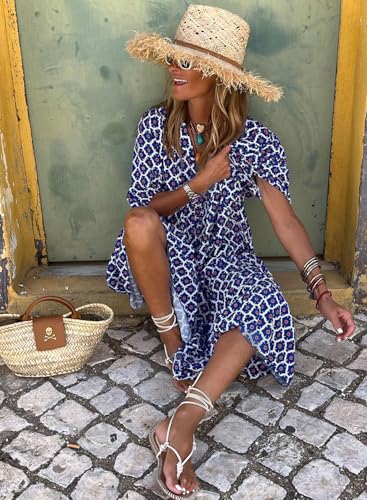 Womens Loose Fit Casual Summer V Neck Half Sleeve Bohemian Geometric Pattern Maxi Long Dresses