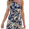 Women's One Shoulder Leaf Print Self-tie Short Dress Sleeveless Tiered Hem Formal Dress Casual Mini Dress